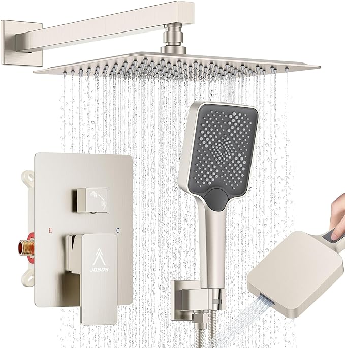 Shower System 10IN Modern Rain Brass Faucet Set With Valve and Diverter Shower Mixer With Handheld High Pressure Square Rainfall Shower Valve (10'' Wall Mount, Brushed Nickel)