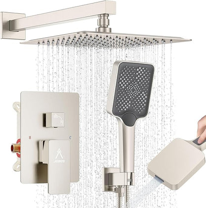 Shower System 10IN Modern Rain Brass Faucet Set With Valve and Diverter Shower Mixer With Handheld High Pressure Square Rainfall Shower Valve (10'' Wall Mount, Brushed Nickel)