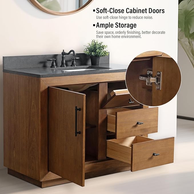 Vanity Art 42 inch Bathroom Vanity with Single Sink, Modern Wood Bath Vanity with Black Carrara Marble Top, Vanity Cabinet with Doors， Removable Shelf, Solid Wood, Ceramic Sink, Tan, VA7042B