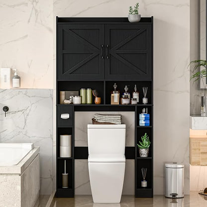 Vabches Over The Toilet Storage Cabinet with Barn Doors, Pure Black | Toilet Cabinet Rack, Space Saving Bathroom Organizer with Shelves, Toilet Paper Holder and Towel Rack for Bathroom,Laundry.