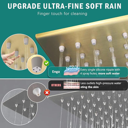Enga Shower System with Body Jets, Dual Head 10 Inch Rain Shower Head with 6 Inch Showerhead, 4 Body Jets with 2 in 1 Handheld Spray, Brushed Gold