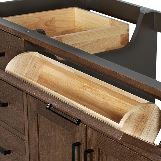 ARIEL Hepburn 66-inch Bathroom Vanity Base Cabinet,Solid Wood, 2 Soft Closing Doors, 9 Dovetail Drawers, Brown Oak