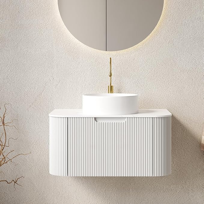 30'' Bathroom Vanities Cabinet with Sink Combo, Wall Mounted Floating Cabinet W/Curved Edges Stripes, Oak Plywood, Soft-Close System with a Drawer, White Round Ceramic Basin - Kiel, White