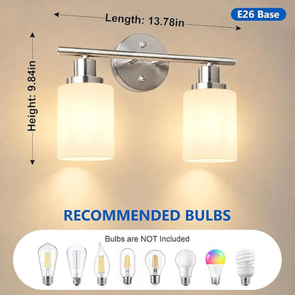 Unicozin 2 Light Bathroom Light Fixtures, Modern Vanity Lights with Milky White Glass Shade, Brushed Nickel Wall Lamp Over Mirror for Bathroom, Living Room, Cabinet, Bedroom, E26 Base