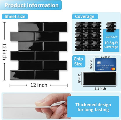 Art3d Subway Design Wall Tile, Peel and Stick Backsplash, 10-Pack, Black | 12 x 12 Inch, Water Resistant, Durable, Easy to Installation, Coastal Style, for Modern Home Decor, Kitchen, Home Improvement