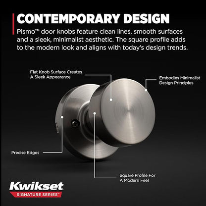 Kwikset Pismo Dummy Door Knob, Single Sided Handle for Closets, French Double Doors, and Pantry, Satin Nickel Non-Turning Interior Push/Pull Door Knob, with Microban Protection, Round Rose