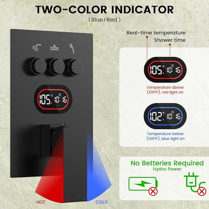Longriver 3-Push Button Shower Faucet Set Hydro Power Temperature Display | Shower System Wall Mounted 10" & 6" Shower Head with 3-Spary Handheld, Shower Fixtures with Valve and Trim Kit, Matte Black