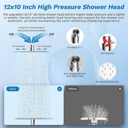 Hibbent 12" Dual Filtered 10" Rainfall Shower Head with Handheld 10-Spray | High Pressure Metal Chrome Showerhead Combo with Filter, 4-way Diverter with Pause Mode, Extension Arm, 71'' Hose & Holder