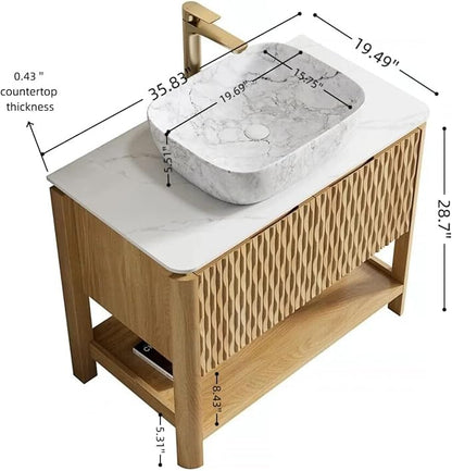 36" Bathroom Vanity with Sink, Freestanding Bathroom Storage Cabinet with Marble-Pattern Ceramic Basin & 2 Bamboo Texture Doors, Floor Stand Vanity Combo with Bottom Open Shelf, Natural