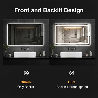 LED Bathroom Mirror with Lights, 30 x 55 Lighted Vanity Wall Mirror | Backlit and Frontlit, Anti-Fog, Dimmable 3 Colors, Shatter-Proof Tempered Glass, Memory Function, Plug-in/Hardwired