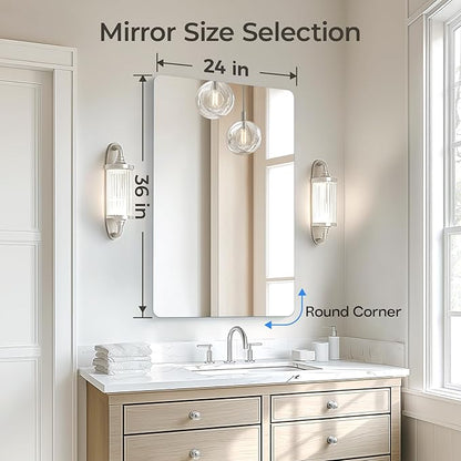 USHOWER Frameless Bathroom Mirror for Over Sink, 24x36 Inch Rectangle Wall Vanity Mirror for Bathroom, Bedroom, Entryway, Polished Edge, Tempered Glass