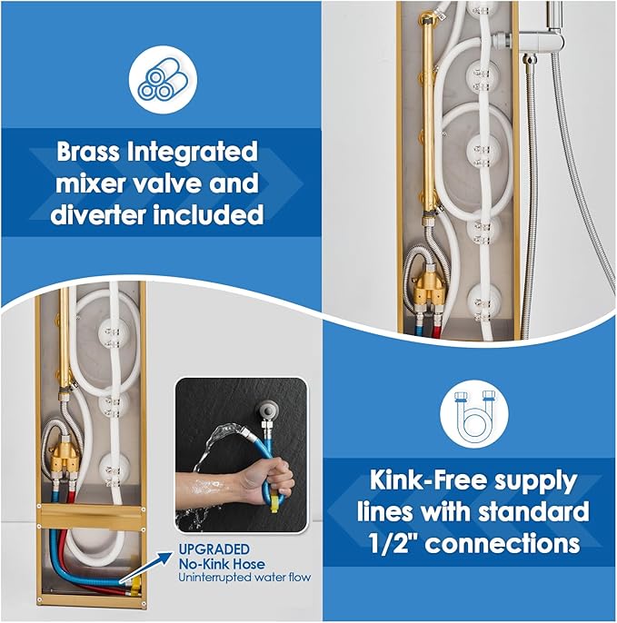 ROVOGO Gold Shower Panel Tower System with 4 Simultaneous Functions: Rainfall, Waterfall, Body Jets and Handheld, 304 Stainless Steel Shower Column Wall-Mount