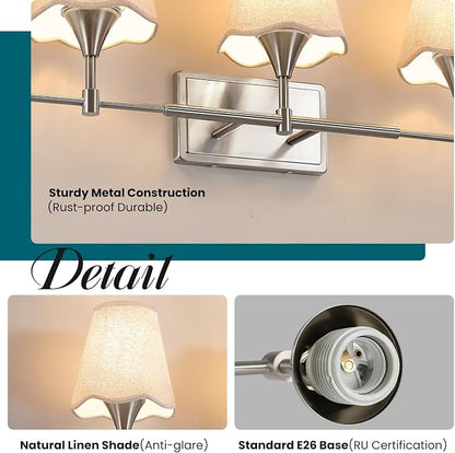 Brushed Nickel Bathroom Vanity Light: 5 Light Vanity Lighting Fixtures with Flared Fabric Shade, Modern Bathroom Lighting Fixtures over Mirror, Wall Sconce Lights for Bedroom Hallway Living Room