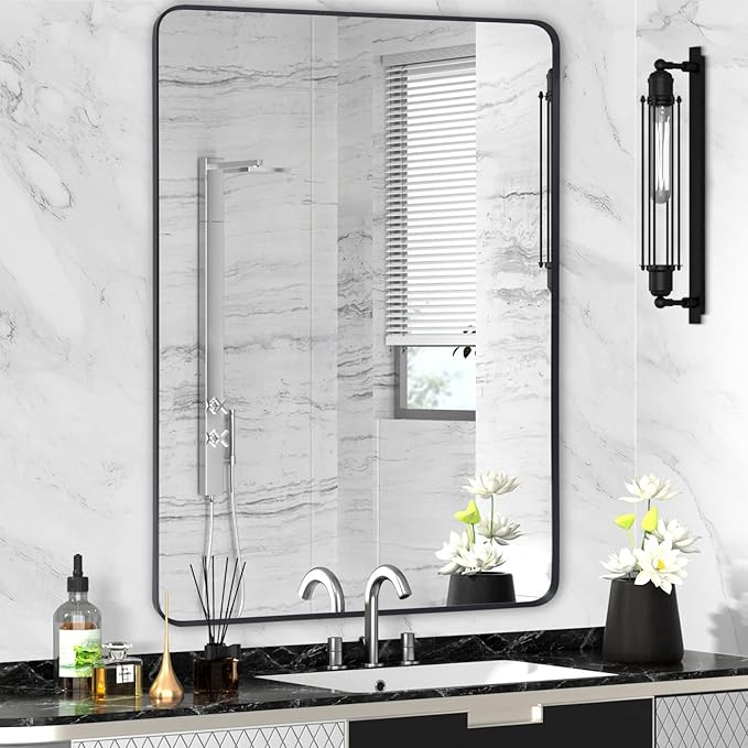 Black Bathroom Mirror 30x40in, Metal Framed Rounded Rectangle Wall | Tempered Glass, Anti-Rust Frame, Hangs Horizontal or Vertical, HD Reflection Clarity
