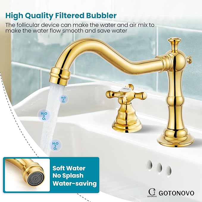 gotonovo Bathroom Faucet 3 Hole 8 Inch Widespread Bathroom Sink Faucet 2 Cross Handles Vintage Lavatory Vanity Mixer Tap with Pop Up Drain, HOT Cold Label, Polish Gold