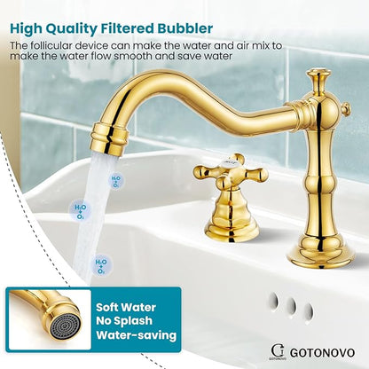 gotonovo Bathroom Faucet 3 Hole 8 Inch Widespread Bathroom Sink Faucet 2 Cross Handles Vintage Lavatory Vanity Mixer Tap with Pop Up Drain, HOT Cold Label, Polish Gold