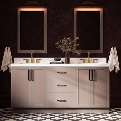 ARIEL Loren 72-inch Bathroom Vanity with Sink,Solid Wood, 1.5-inch Pure White Quartz Countertop, Double Rectangular Porcelain Sink, 4 Soft Closing Doors, 3 Dovetail Drawers, Mocha