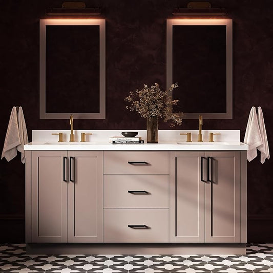 ARIEL Loren 72-inch Bathroom Vanity with Sink,Solid Wood, 1.5-inch Pure White Quartz Countertop, Double Rectangular Porcelain Sink, 4 Soft Closing Doors, 3 Dovetail Drawers, Mocha