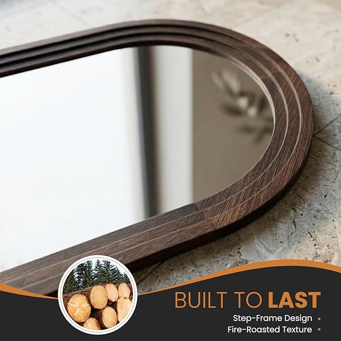 Arched Bathroom Mirror, 36"x24" Brown Wood Frame Wall Mirror | Farmhouse Vintage Vanity Mirror with Layered Frame for Entryway, Living Room, Bedroom
