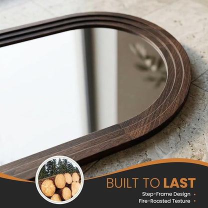 Arched Bathroom Mirror, 45"x30" Brown Wood Frame Wall Mirror | Farmhouse Vintage Vanity Mirror with Layered Frame for Entryway, Living Room, Bedroom