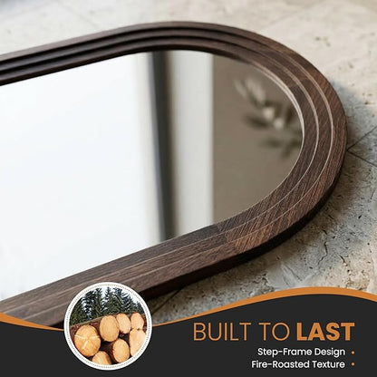 Arched Bathroom Mirror, 38"x26" Brown Wood Frame Wall Mirror | Farmhouse Vintage Vanity Mirror with Layered Frame for Entryway, Living Room, Bedroom