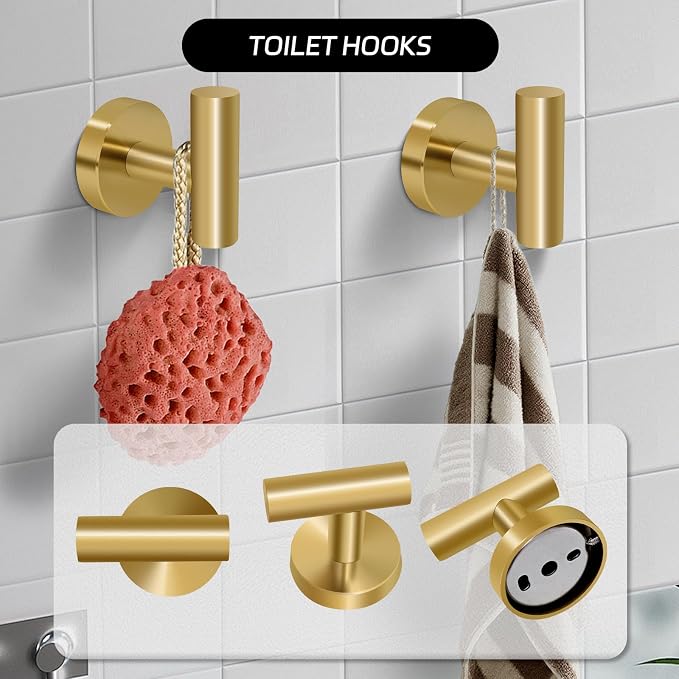 5 Piece Brushed Gold Bathroom Hardware Set with Towel Racks for Bathroom，23.6 Inch Stainless Steel Bath Towel Bar Set Wall Mounted Accessories Kit (Brushed Gold, 5-Pieces Set)