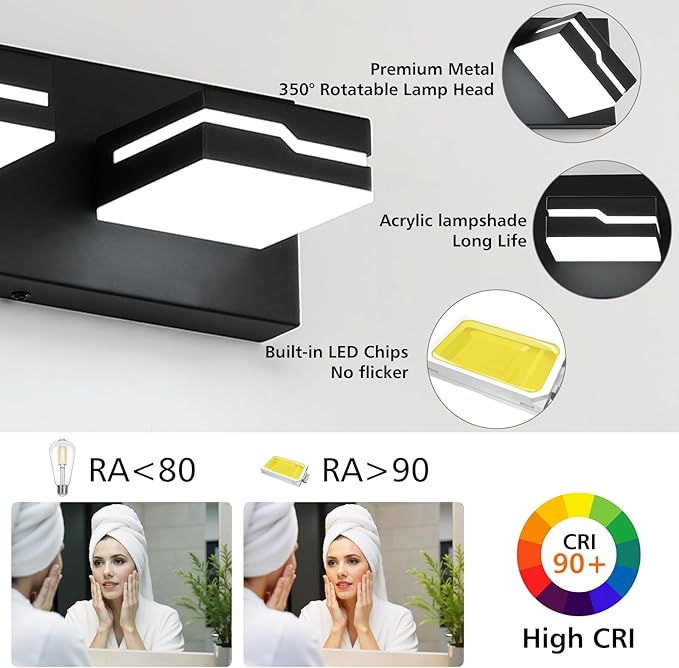 LED Modern Bathroom Vanity Light Fixtures 5-Light, 32 inch Dimmable Matte Black Vanity Lights for Bathroom Lighting Fixtures Over Mirror, with 350°Rotatable Acrylic Heads(White Light 5500K)