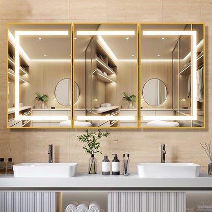 APRILSOUL 60x32 Inch Lighted Bathroom Medicine Cabinet with Mirror, Gold Recessed or Surface Mount Medicine Cabinet Mirror with Storage and LED Lights, 3 Colors Temperature, Dimmable Light