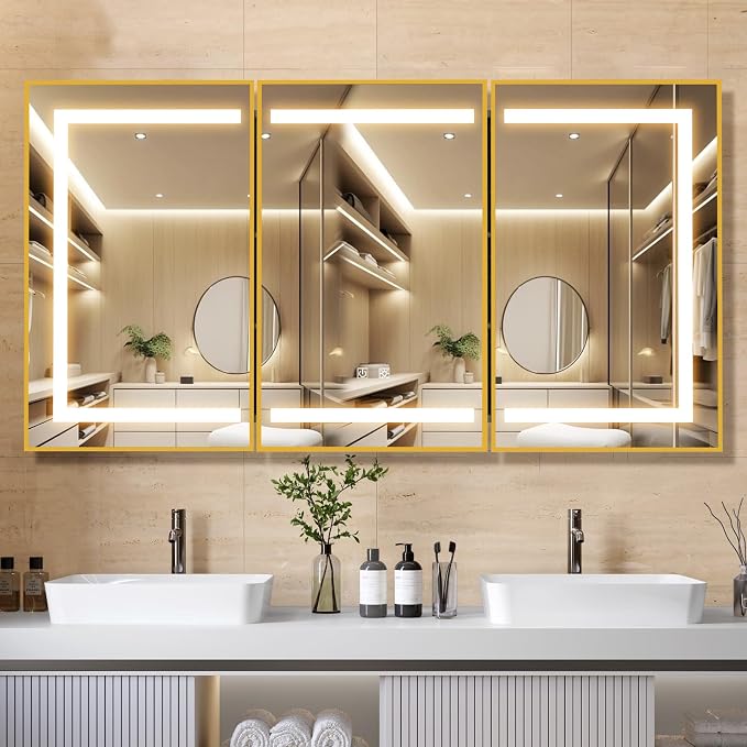 APRILSOUL 48x32 Inch Lighted Bathroom Medicine Cabinet with Mirror, Gold Recessed or Surface Mount Medicine Cabinet Mirror with Storage and LED Lights, 3 Colors Temperature, Dimmable Light