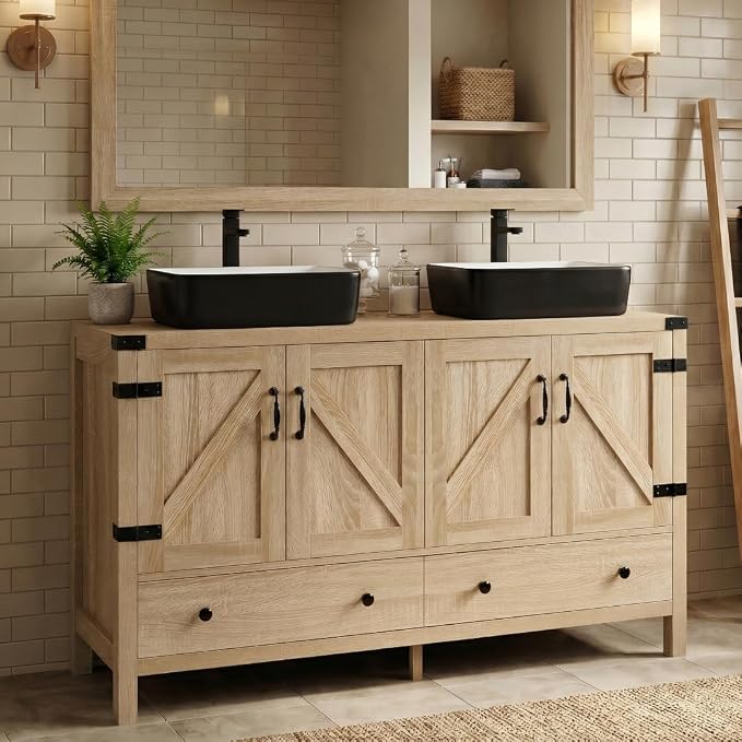 48 inch Natural Color Bathroom Vanity, Rustic Fixture Standing Pedestal Cabinet with Two Black and White Ceramic Vessel Sinks