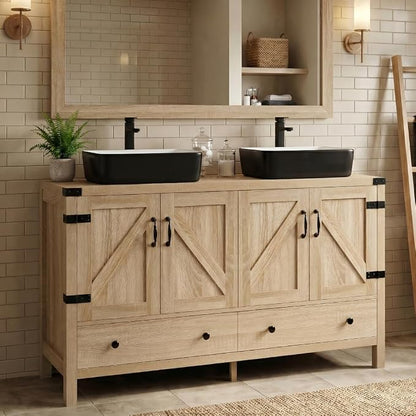 48 inch Natural Color Bathroom Vanity, Rustic Fixture Standing Pedestal Cabinet with Two Black and White Ceramic Vessel Sinks