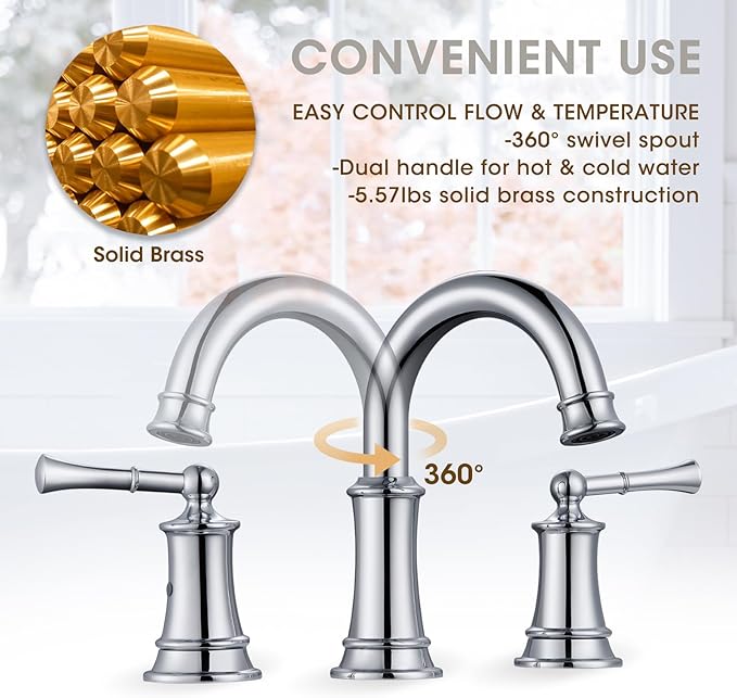 Chrome Bathroom Faucet, 8 Inch Bathroom Sink Faucet with Pop-up Drain Assembly, Widespread Bathroom Faucet with cUPC Supply Lines for Vanity, Lavatory RV Farmhouse Sink(L2304-CP)