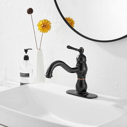 Oil Rubbed Bronze Bathroom Faucet GGStudy Bathroom Vanity Faucet Single Handle One Hole Bathroom Sink Faucet Basin Mixer Tap Matching Pop Up Drain with Overflow