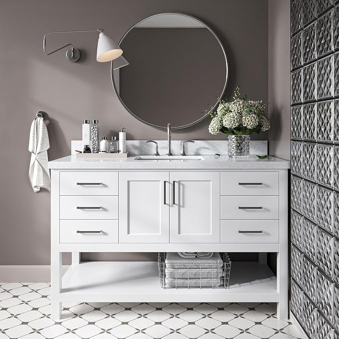 DKB Olivia 54-Inch White Bathroom Vanity with Sink, 1.5-Inch Edge Italian Carrara Marble Countertop & Backsplash, Rectangular Undermount Sink, 2 Soft Closing Doors, 6 Dovetail Drawers, Brushed Nickel