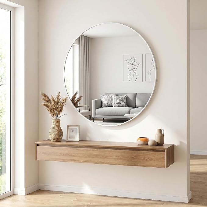 HARRITPURE 24 Inch Round Mirror White Circle Bathroom Mirror | Modern Aluminum Alloy Frame Wall Mounted Vanity Mirror for Living Room, Bedroom, Entryway