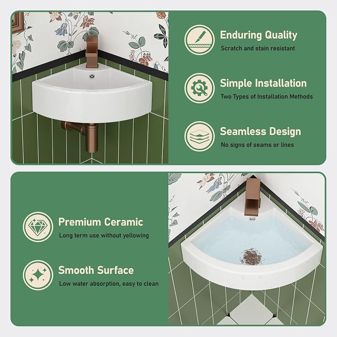 18x13 Wall Mounted Corner Bathroom Sink | Ceramic, Fan-Shaped, Curved Bottom, Easy to Clean, with Overflow, Ideal for Bathroom, Lavatory, Vanity