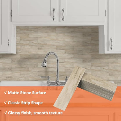 80-Piece Beige Slate Peel and Stick Backsplash Tile, 2"x 8" PVC Subway Tiles, Stick on Backsplash for Kitchen/Bathroom/Fireplace
