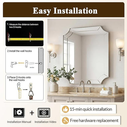 30"x30" Brushed Nickel Square Mirror, Silver Bathroom Mirror for Over Sink, Modern Mirror with Unique Notched Corner, Non-Rusting Vanity Mirror in Delicate Tessellated Glass Design