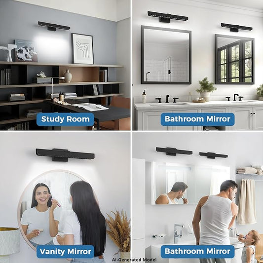Black 24 inch LED Vanity Light for Bathroom Mirror Dimmable | Individual LED beads, 14W 6000K Cool White, Acrylic Lens, Bar Vanity Light for Bathrooms Mirror Cabinets Bedroom