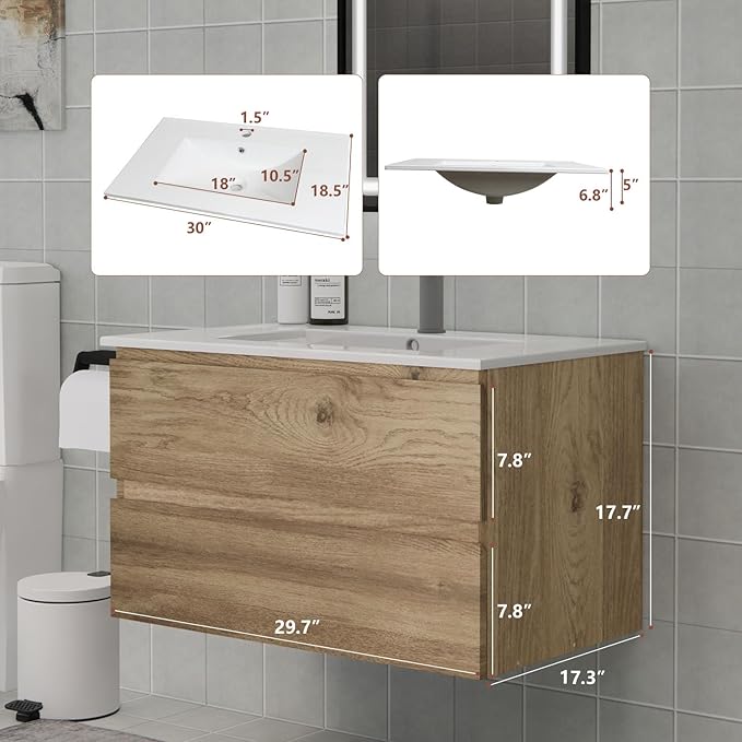 Wall-Mounted Bathroom Vanity with 2 Soft-Close Drawers – Moisture-Resistant MDF, Space-Saving Design for Modern Bathrooms (Nature Without Sink, 30)