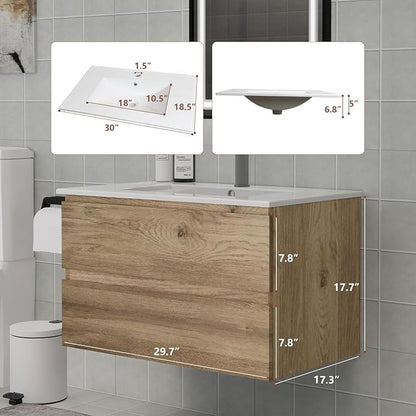 Wall-Mounted Bathroom Vanity with 2 Soft-Close Drawers – Moisture-Resistant MDF, Space-Saving Design for Modern Bathrooms (Nature Without Sink, 30)