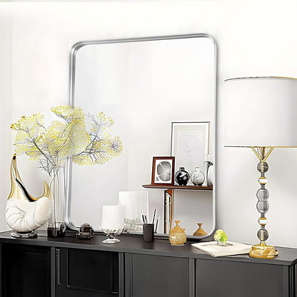 Silver Bathroom Vanity Mirror Over Sink 30x36, Large Wall Chrome Mirror | Fabuday Matte Metal Brushed Nickel Framed Rectangle Mirror for Living Room, Bedroom, Entryway Decor, Wall Mounted