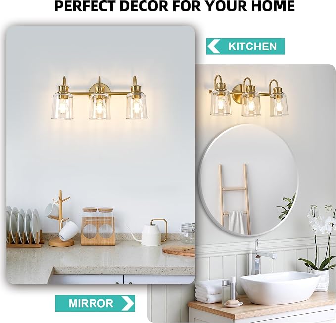 3 Lights Bathroom Light Fixtures Modern Gold Vanity Lights | ETL Certificate, Easy to Install,Wall Mount Up or Down,Thickened Glass Lampshade,E26 Socket,Hardwired