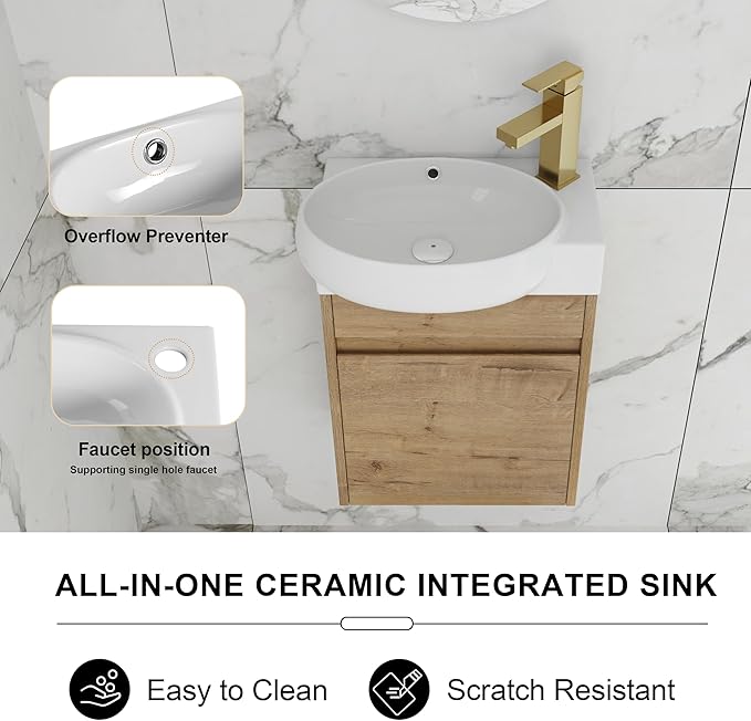 16" Wall-Mounted Bathroom Vanity with Sink - Floating Vanity Cabinet for Small Bathrooms, Soft-Close Door & Built-in Storage, Honey Oak Finish (Space-Saving Waterproof Design)