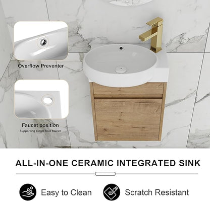 16" Wall-Mounted Bathroom Vanity with Sink - Floating Vanity Cabinet for Small Bathrooms, Soft-Close Door & Built-in Storage, Honey Oak Finish (Space-Saving Waterproof Design)