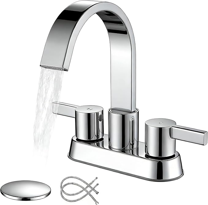 Bathroom Sink Faucet 3 Hole Chrome, 4 Inch Centerset | 360 Degree Swivel Waterfall Spout, Stainless Steel Bathroom Faucet for Sink 3 Hole, with Pop Up Drain, Chrome Bathroom Faucet