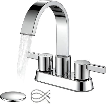 Bathroom Sink Faucet 3 Hole Chrome, 4 Inch Centerset | 360 Degree Swivel Waterfall Spout, Stainless Steel Bathroom Faucet for Sink 3 Hole, with Pop Up Drain, Chrome Bathroom Faucet
