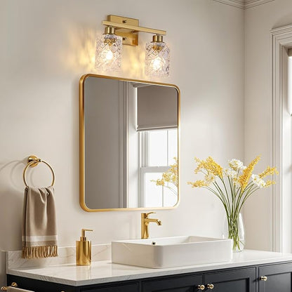Mecgirn Stainless Steel Bathroom Vanity Light Over Mirror, 2 Light Brushed Gold Bathroom Light Fixtures with Textured Glass Shades,Ceramic E26 Sockets Wall Mounted Vanity Lights for Bathroom