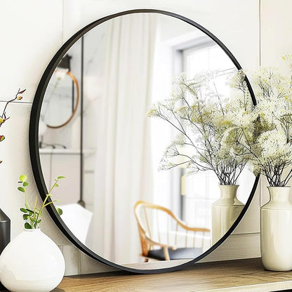 Round Mirror 28 inch, Round Black Mirror, Matte Black Metal Frame | High Definition Mirror, Rust-resistant, Easy Installation, Circular Mirrors for Living room Bedroom, Entrance, Restroom