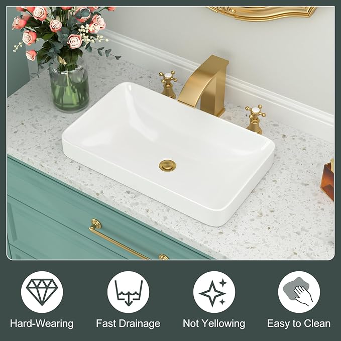 Vessel Sink-Beslend Bathroom Semi Recessed Sinks 19x12 Rectangular White Ceramic Modern Vessel Sinks Bath Wash Sink Bowl Vanity Sink Above Counter Basin